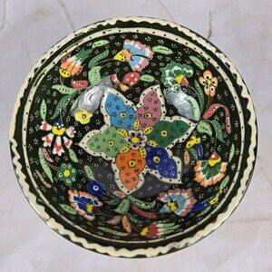 Traditional Turkish Bowl Handmade Painted Glazed Floral Multi Color Black Bckgrd